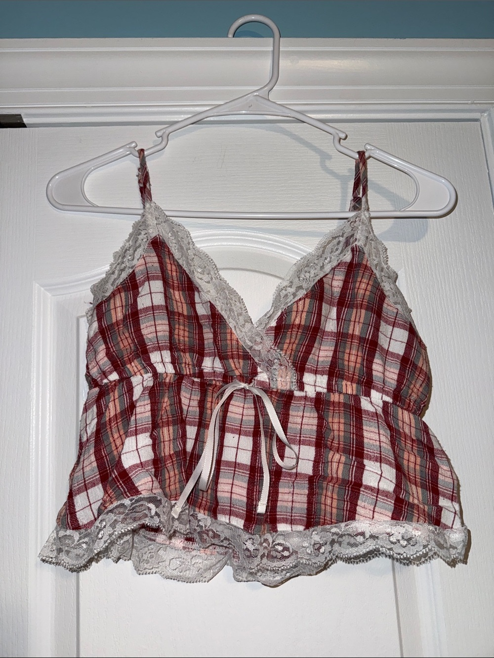 American Eagle Outfitters Plaid Lace-Trim Crop Top